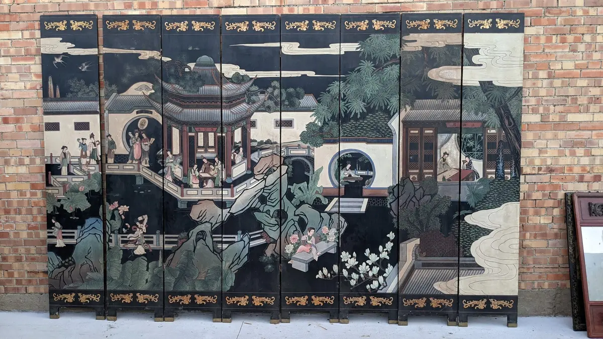 As Found Large 8 Panel Chinese Screen With Village Scene 1