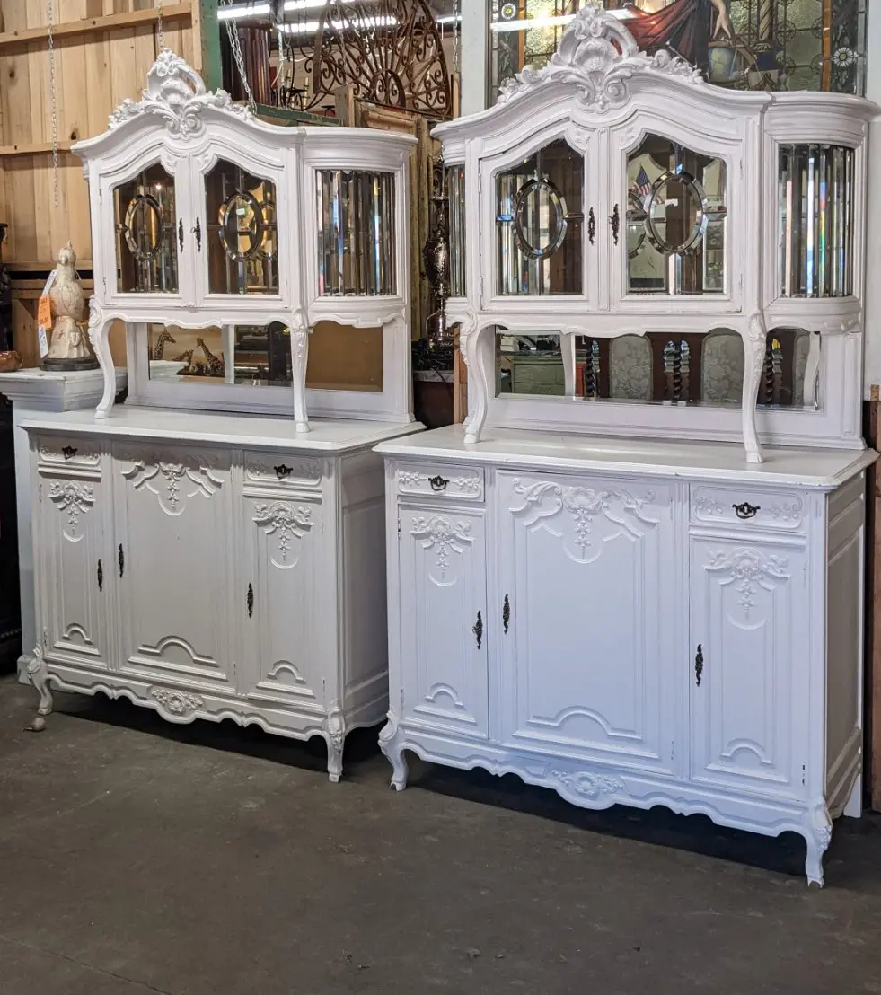 Pair Of White Enamel Louis Xv  Buffet Dux Corps With Beveled Glass 1