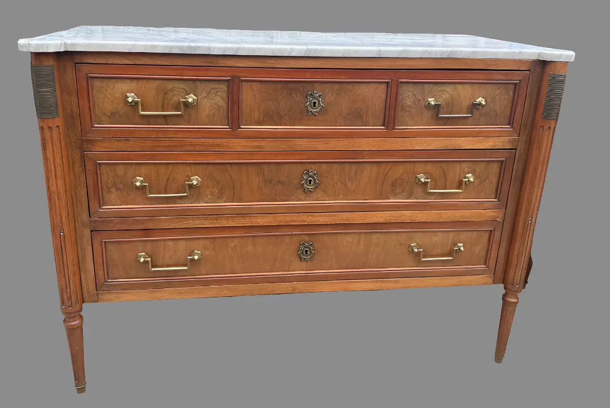 Small Louis Xvi White Marble 5 Drawer Chest With Figured Walnut 1