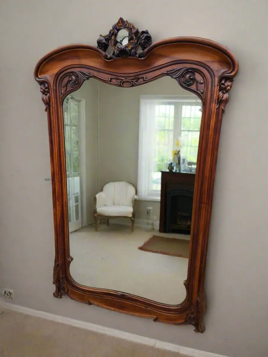 Art Nouveau Walnut Framed Beveled Glass Mirror 1