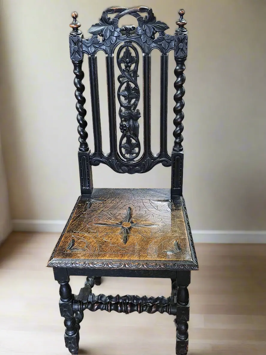 French Dark Oak Barley Twist Chair With Carved Seat 1