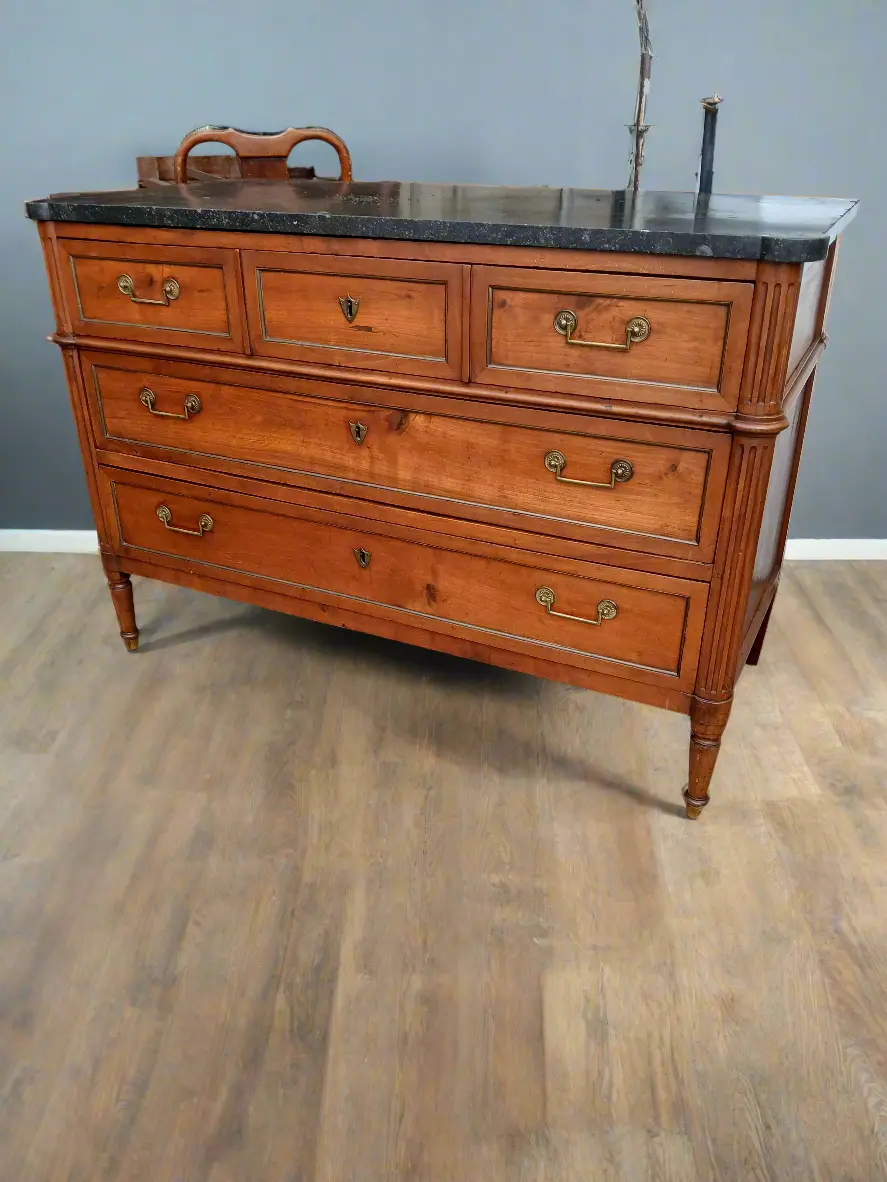 Louis Xvi Cherry Marble Top 3 Drawer Chest With Bale Pulls 1