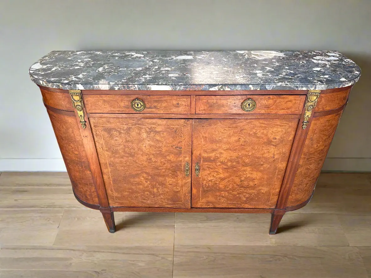 Louis Xvi Demi Lune Burled Server With Marble Top 1