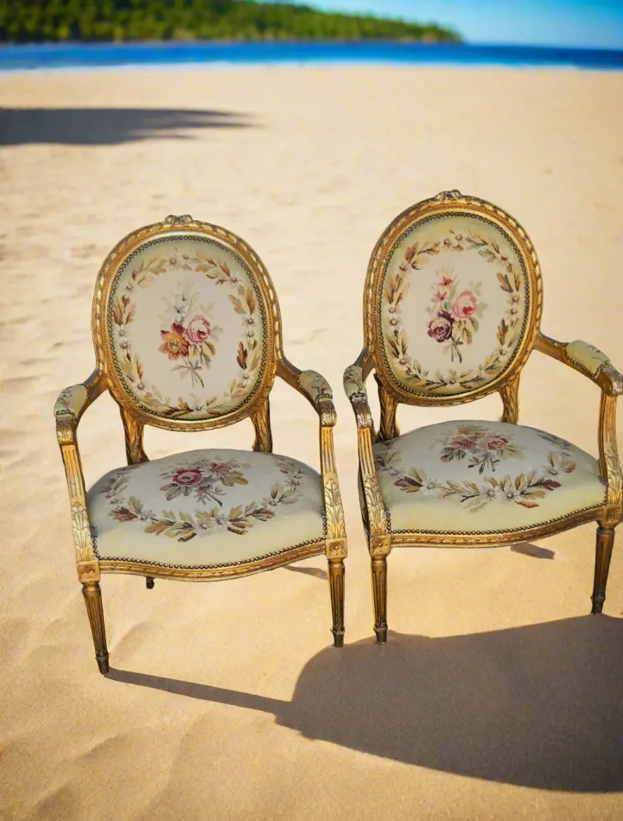 Pair Of Louis Xvi Needlepoint Gilt Fauteuils (Open Arm Chairs} 1