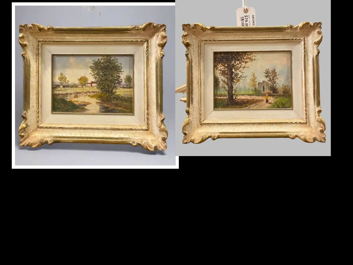 Pair Of Small White Framed Landscape Oil Paintings With Pond And Lady On Road 1