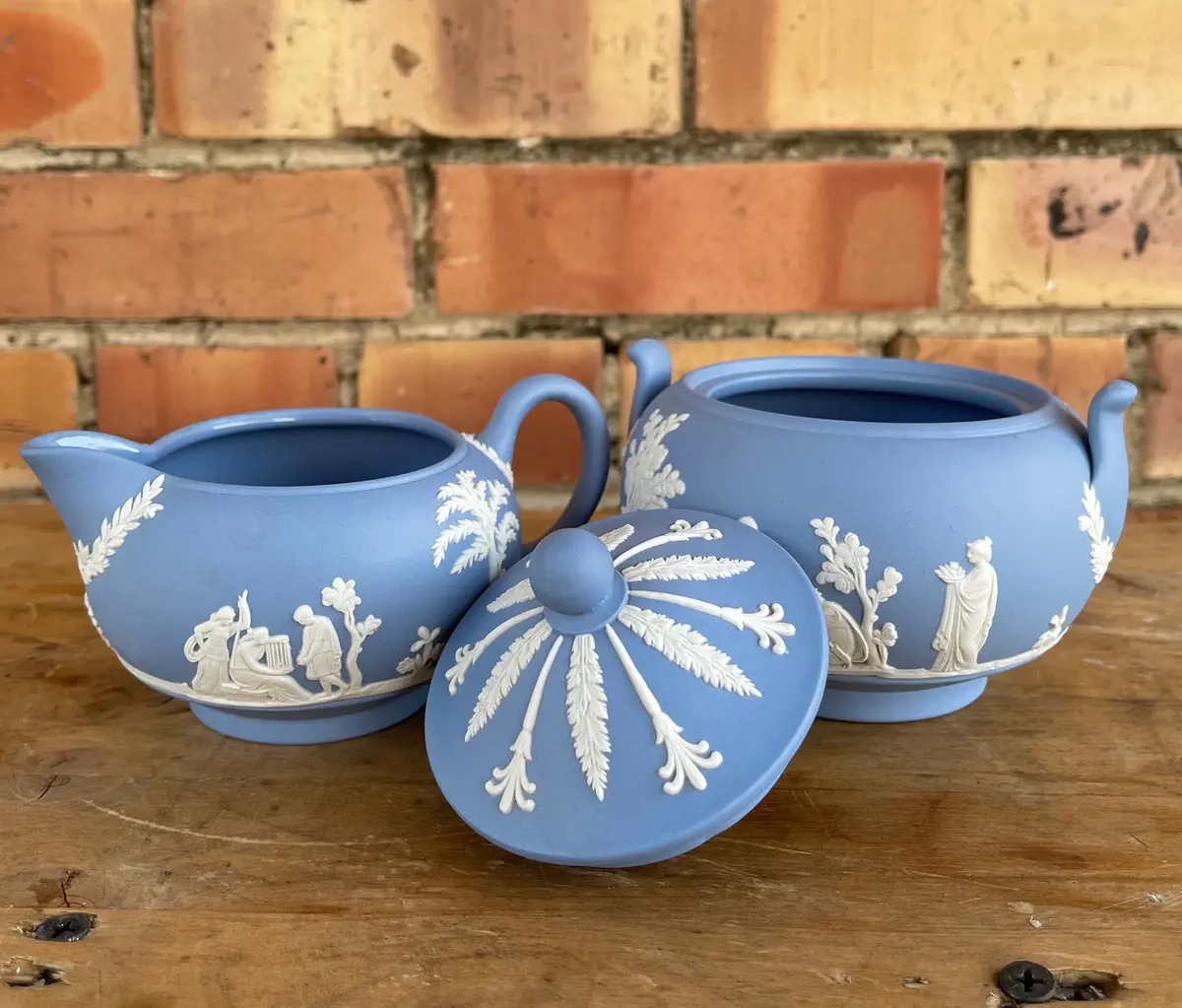Pair Of Blue Wedgewood Porcelain Jasperware Cream And Sugar 1