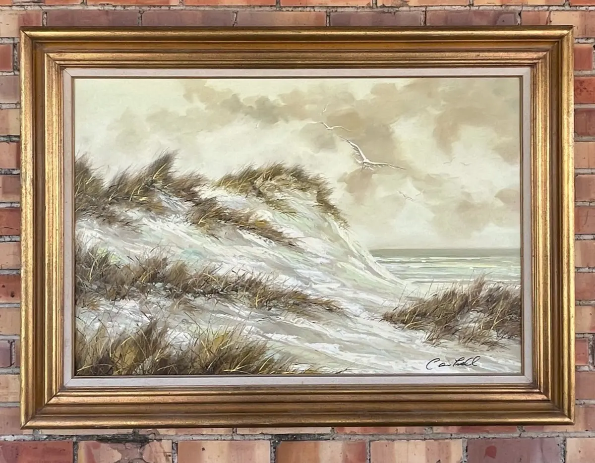 Large Coastal Dunes And Seagulls Oil Painting In Gold Frame 1