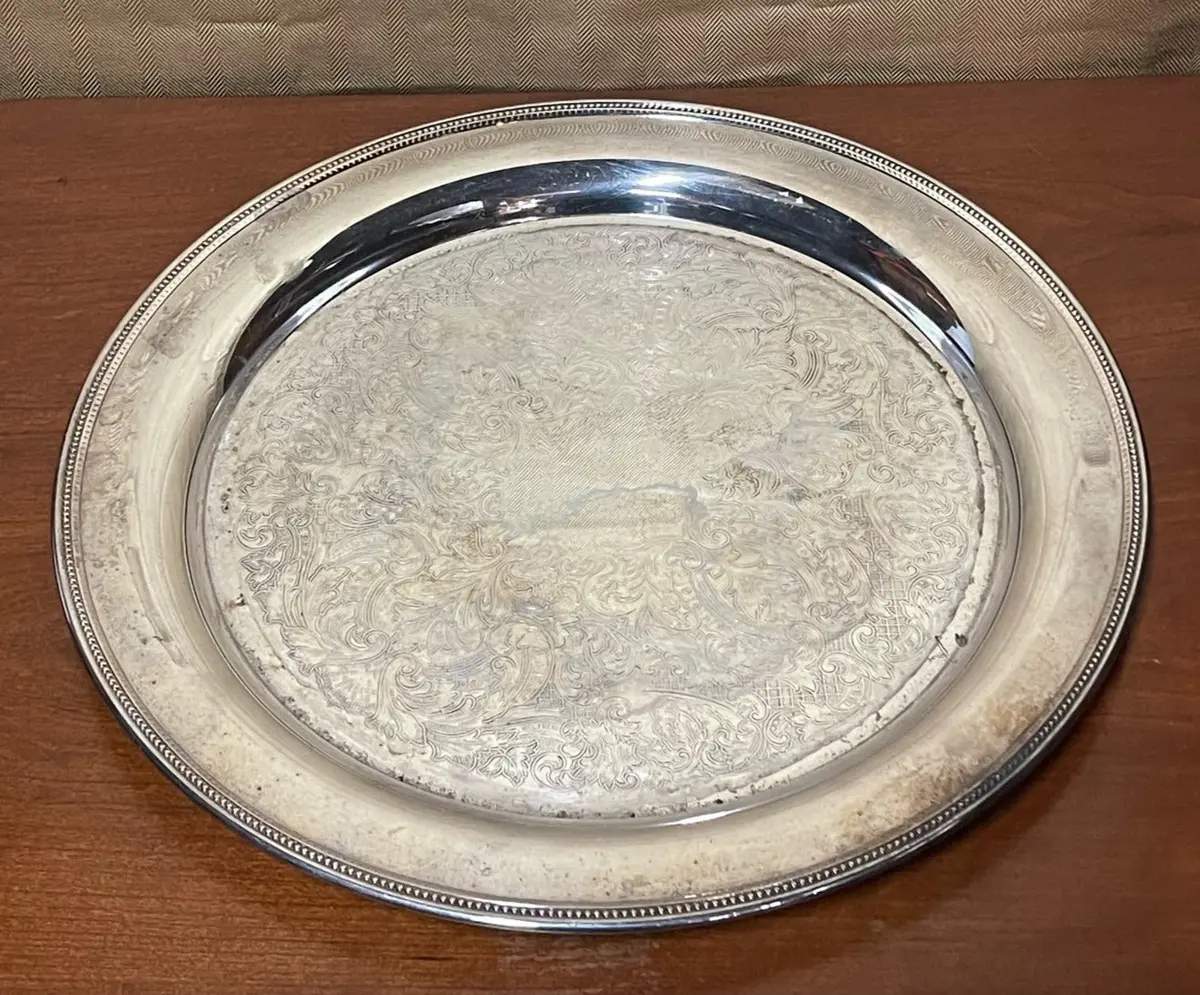 Large Round Silverplate Tray With Border 1