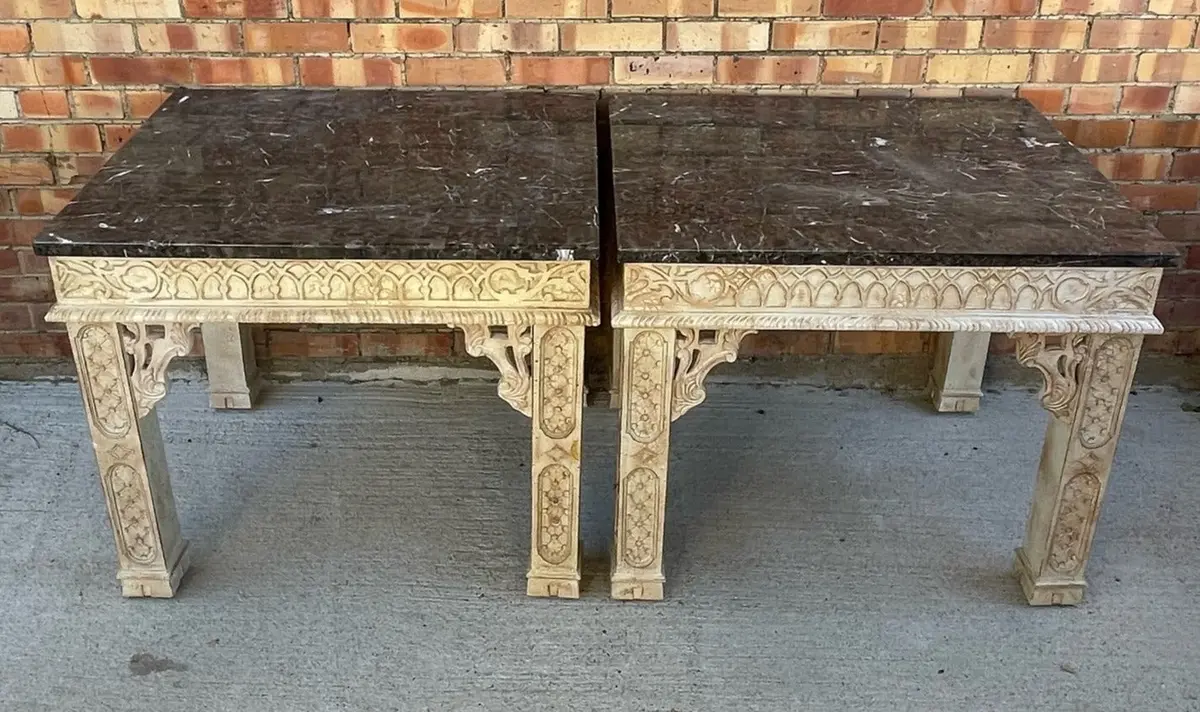 Pair Of White Chinese Chippendale Marble Top Tables 1