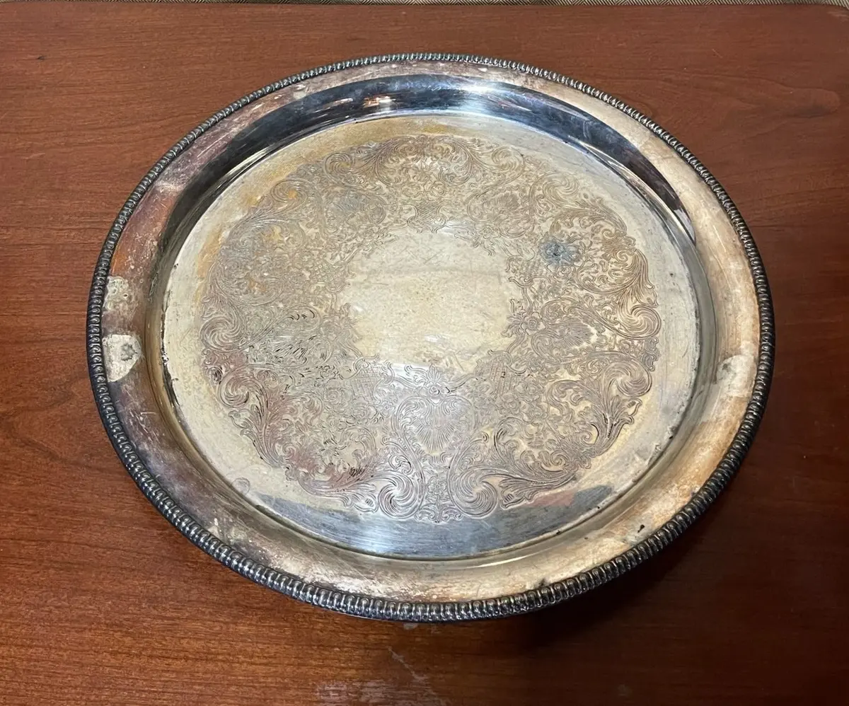 Medium Round Silverplate Tray With Border 1