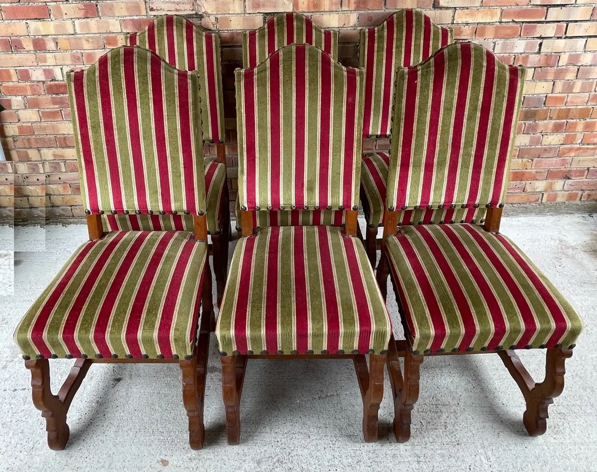Set Of 6 Mutton Bone Chairs With Striped Upholstery 1