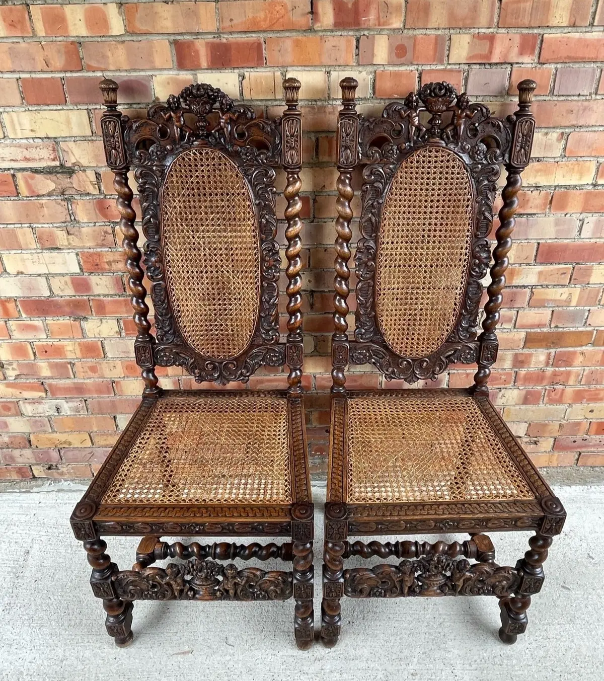 Pair Of Barley Twist Hall Chairs With Ornate Crowns 1