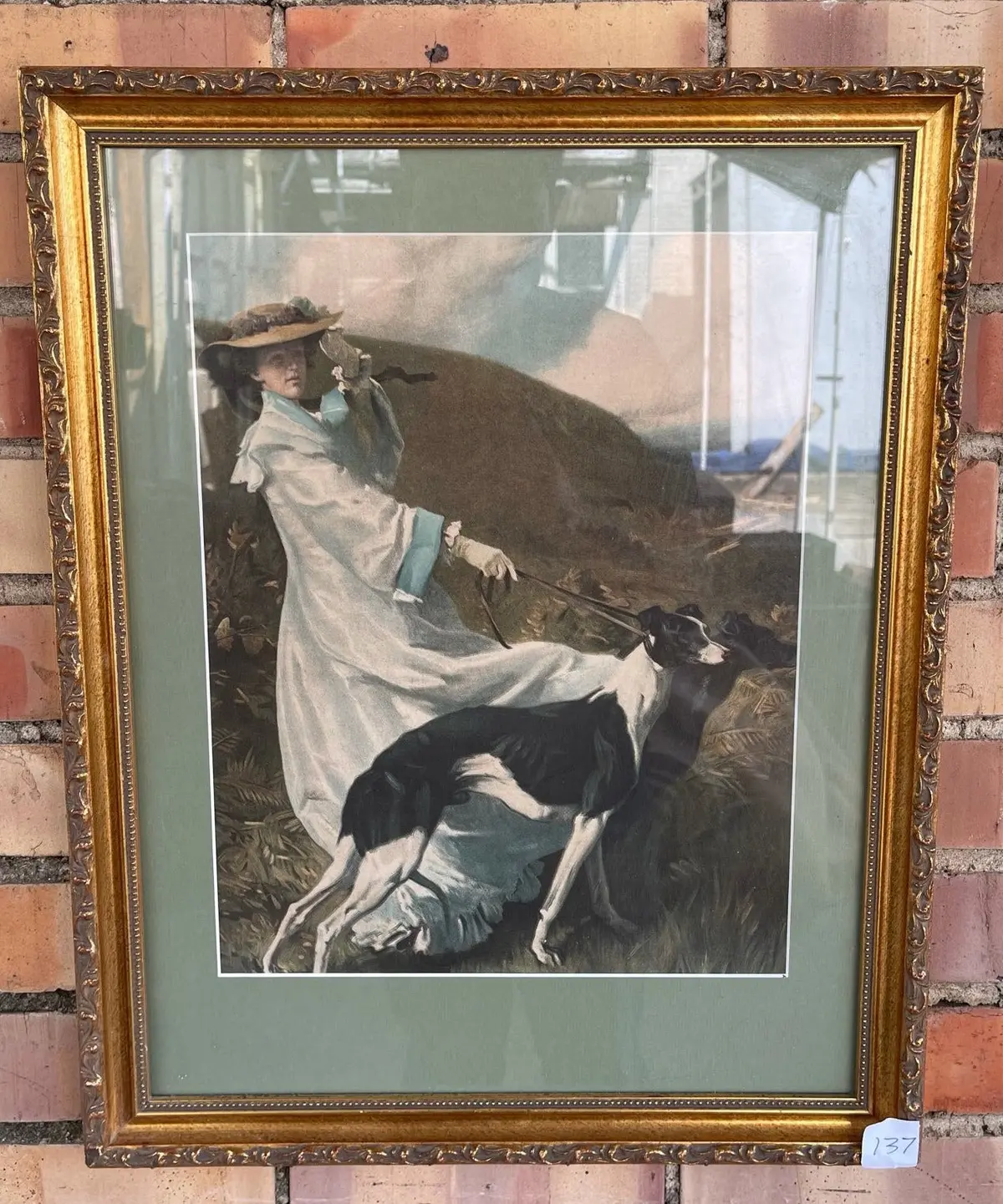 Gold Framed Vertical Print Lady And Whippet 1