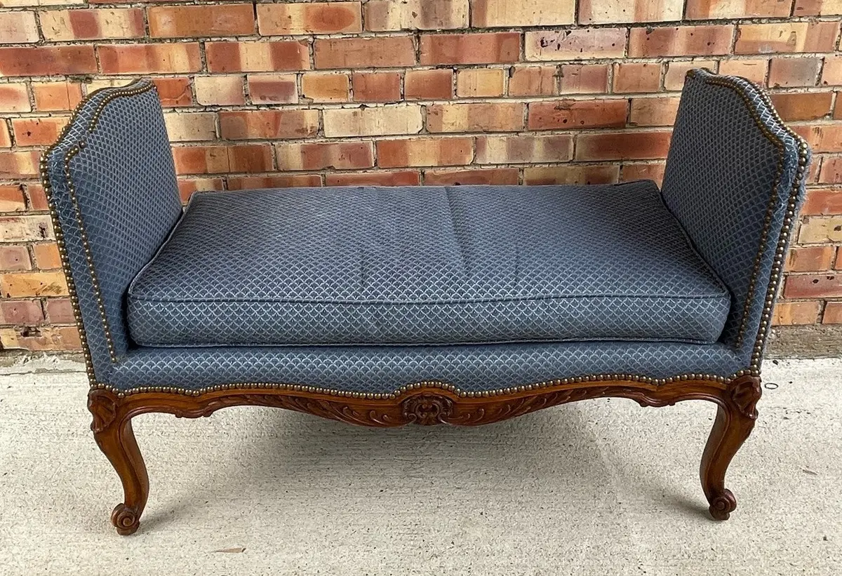 Louis Xv Walnut With Blue Upholstered Bench With Sides 1