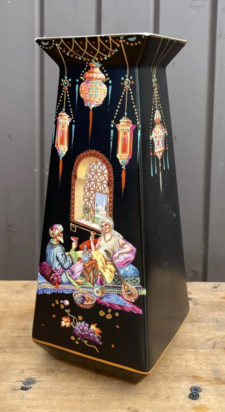 Early 20Th Century Arabian Painted Black Vase With Sultan 1