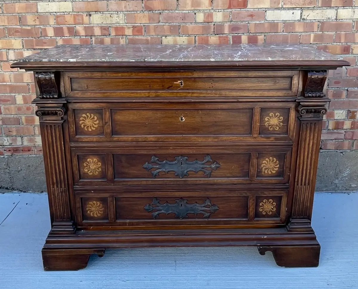 Italian Marble Top Walnut 4 Drawer Chest With Inlay 1