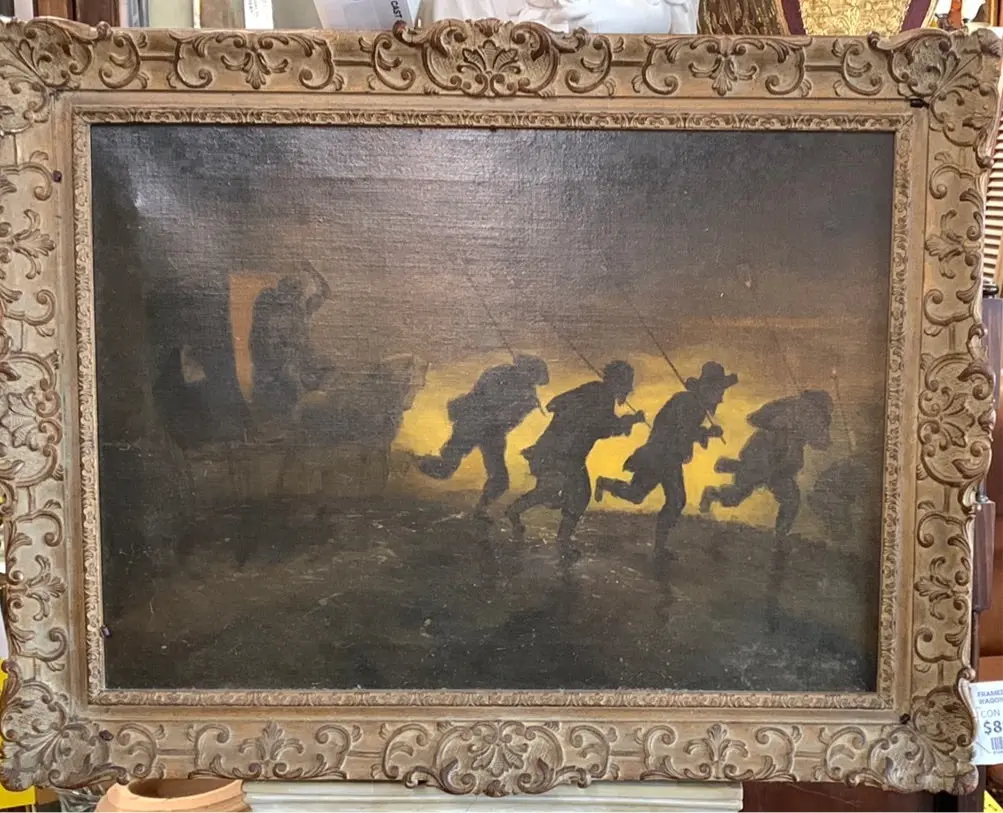 Framed Oil Painting Of Horse And Wagon With Running Lamplighters 1