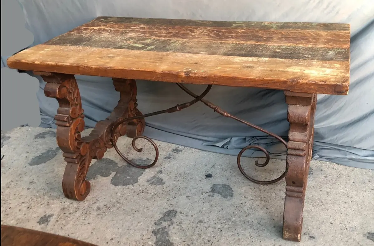 Small Rustic Spanish Trestle Base Table With Iron Stretcher 1