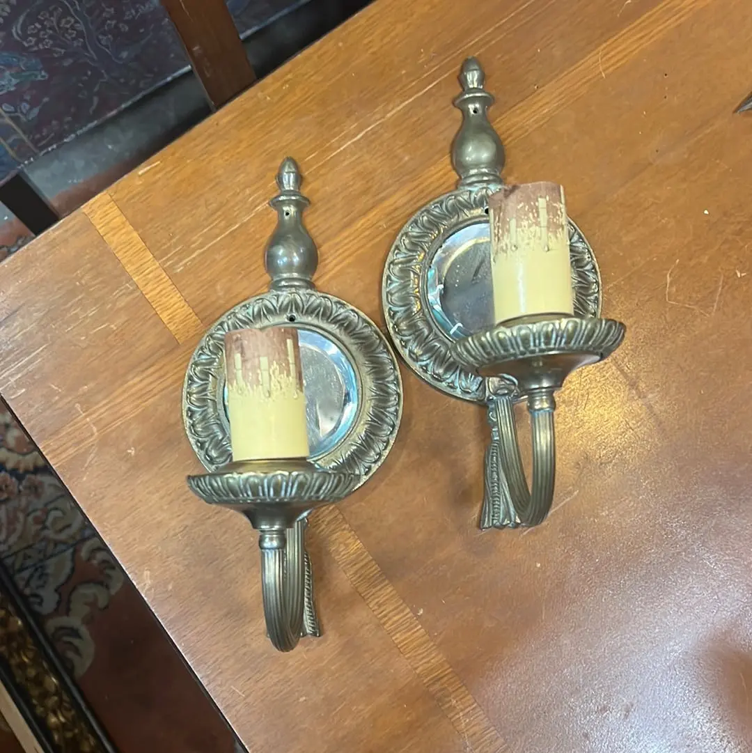 Pair Of Bronze Tassel Wall Sconces With Round Beveled Glass Mirrors 1