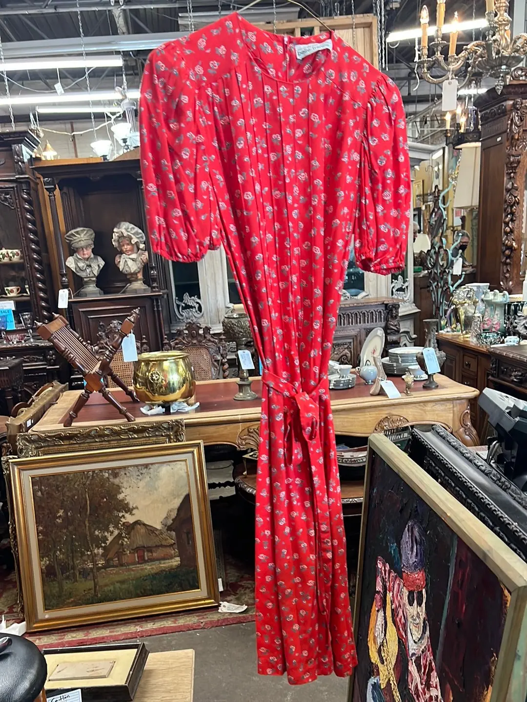 Red Short Sleeve Dress With White And Green Floral Print 1