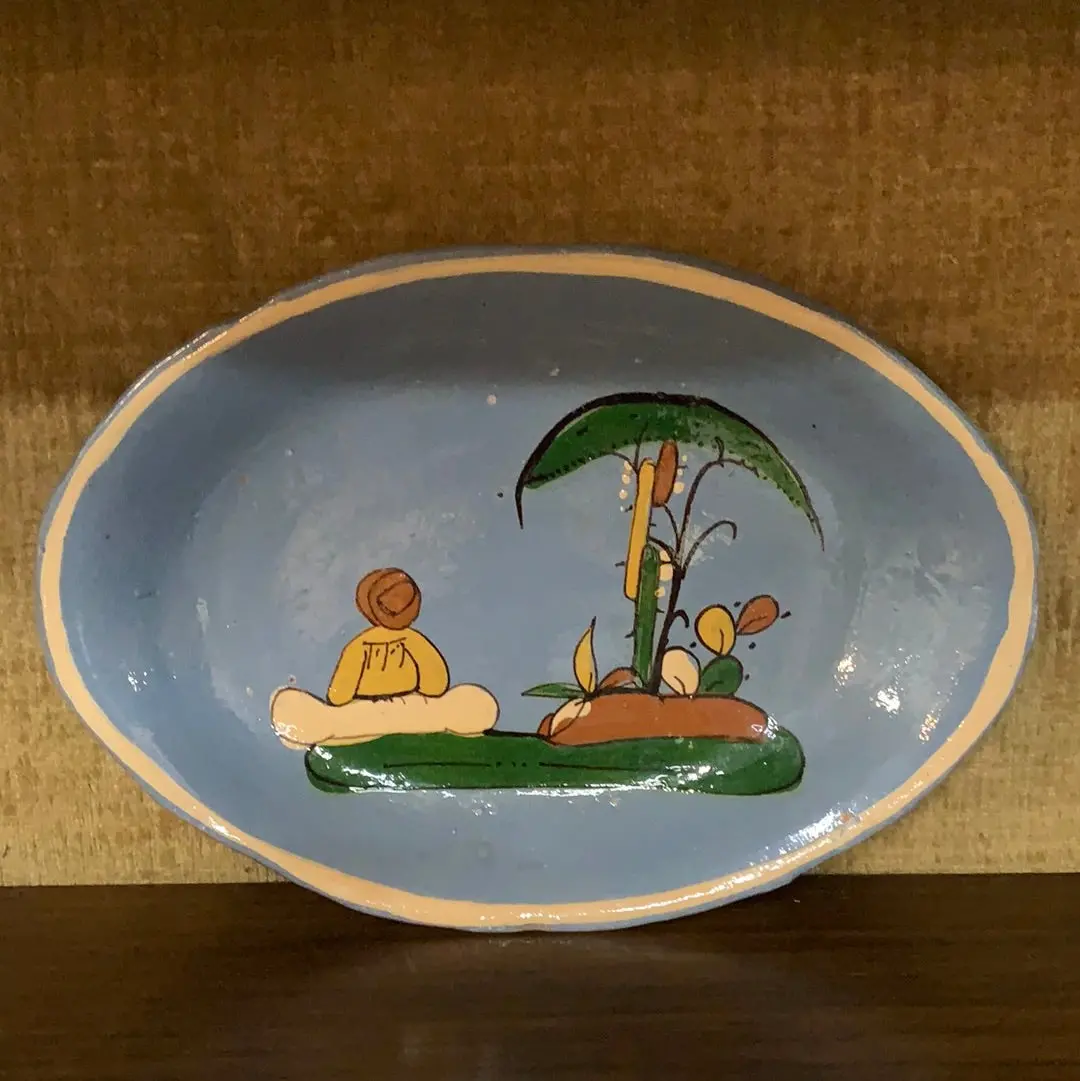 Blue Mexican Pottery Plate With Person And Cacti 1