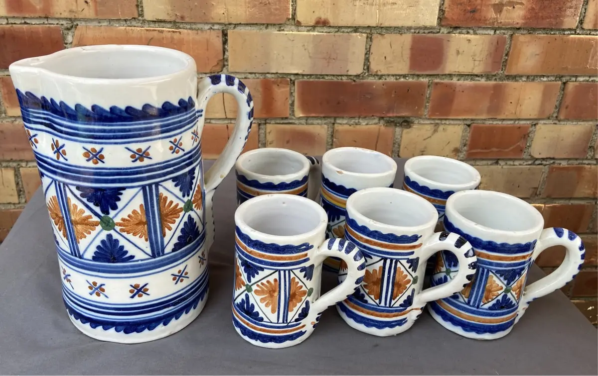 Stoneware Set Of Pitcher And 6 Mugs 1