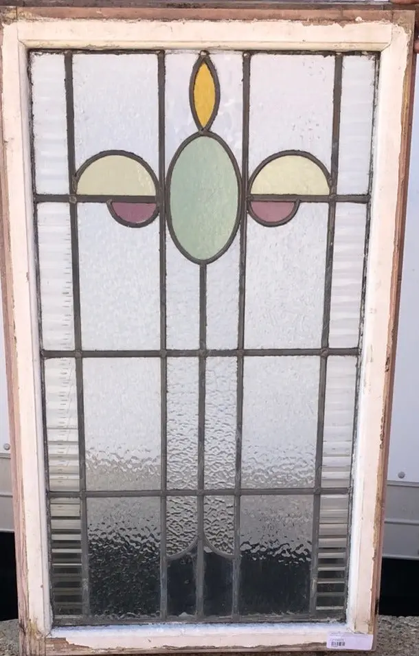 Medium Vertcal Stained Glass Window With Green Oval And Yellow Half Ovals 1