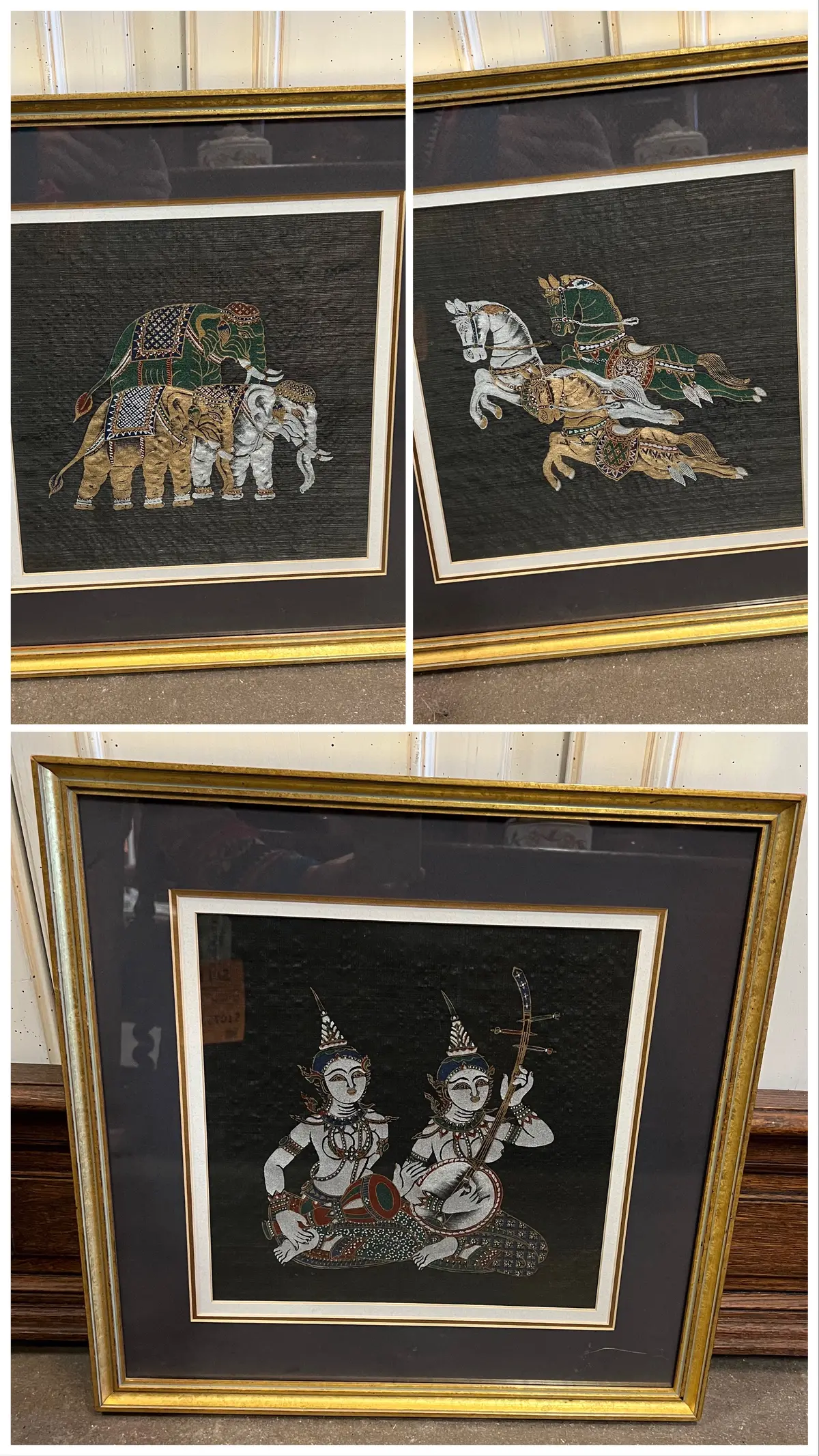 Pair Square Gold Framed Thai Painting On Silk 1
