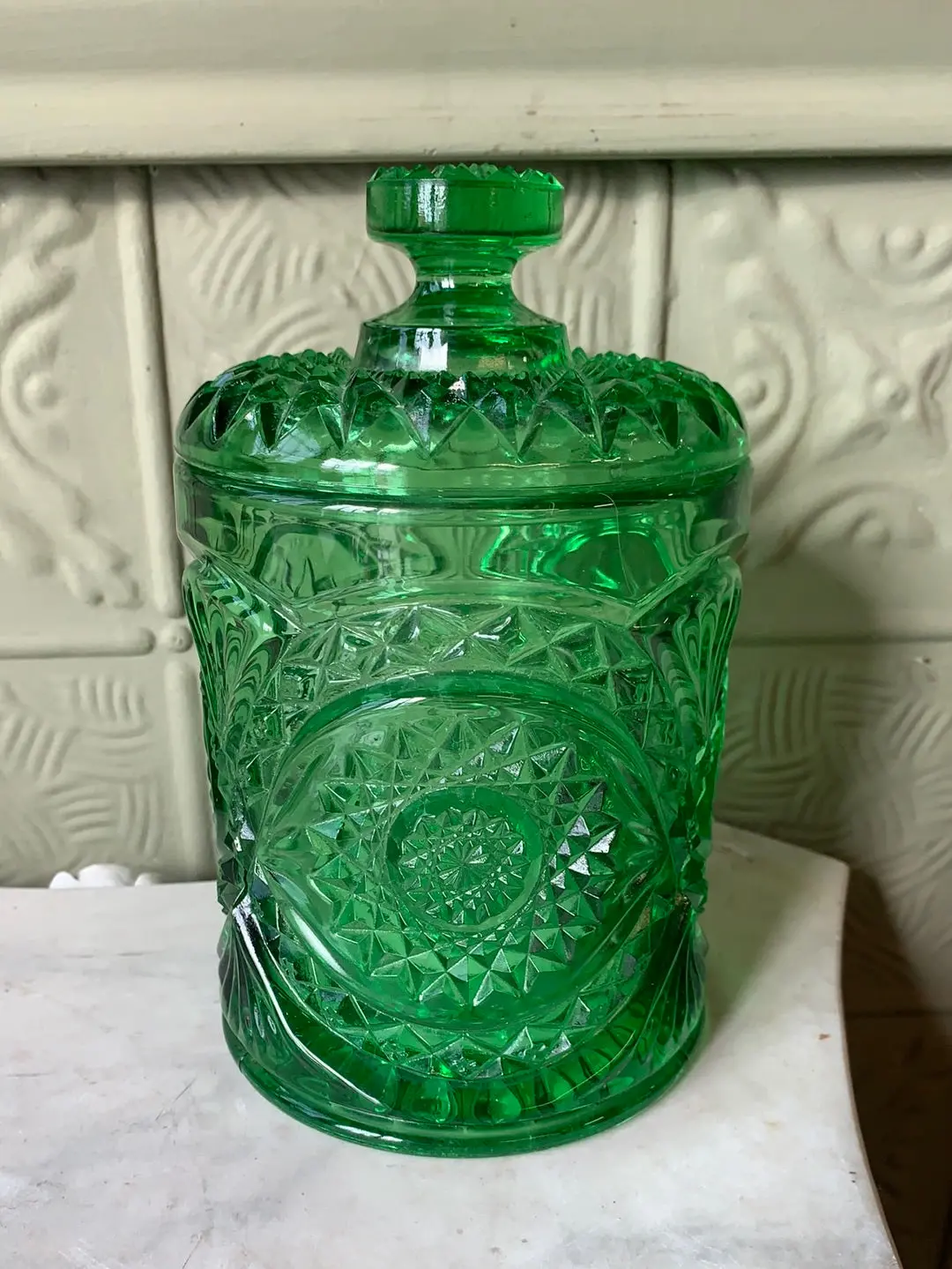Green Imperial Cut Glass Biscuit Jar With Lid 1
