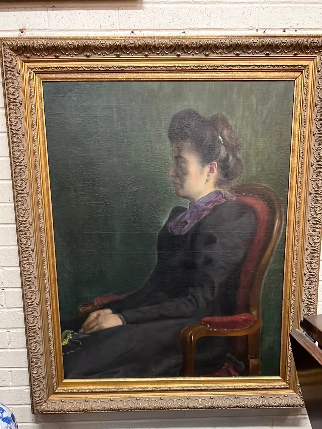 19Th C. Profile Portrait Of Lady Seated With Green Background 1