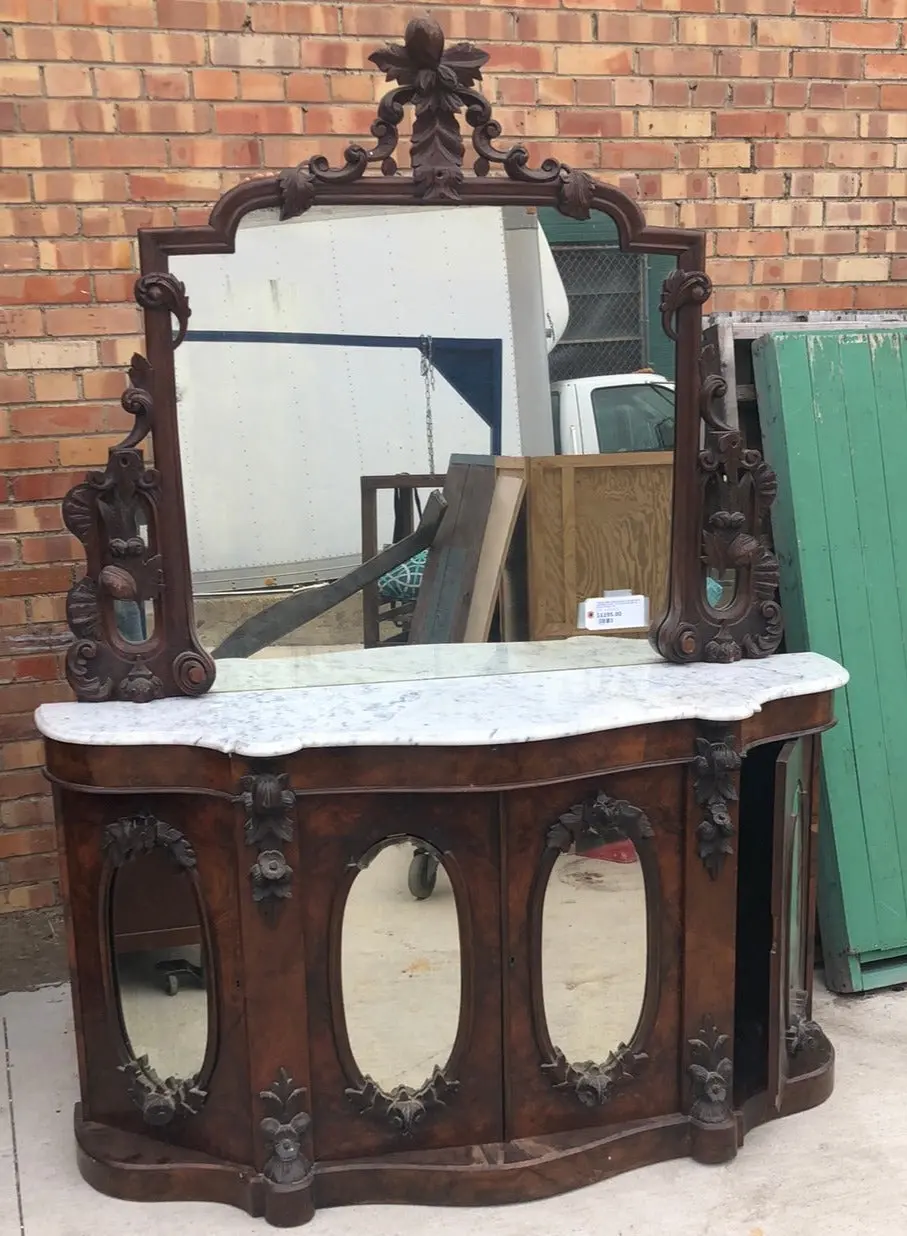 Curved Front Burled Walnut Server With Mirrored Doors, Carved Mirror And As Found Marble Top 1
