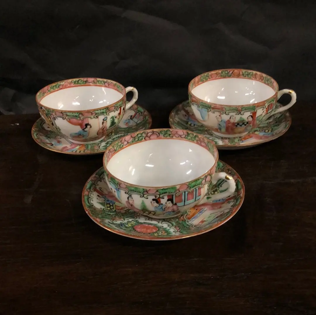 * Set Of Three Rose Famille Coffee Cups With Saucers Added To Sold Lot 1