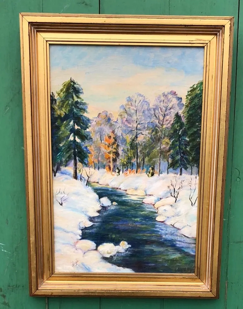 Vertical Oil Paniting Of A Winter Stream And Mountain Scene By Boyd 1