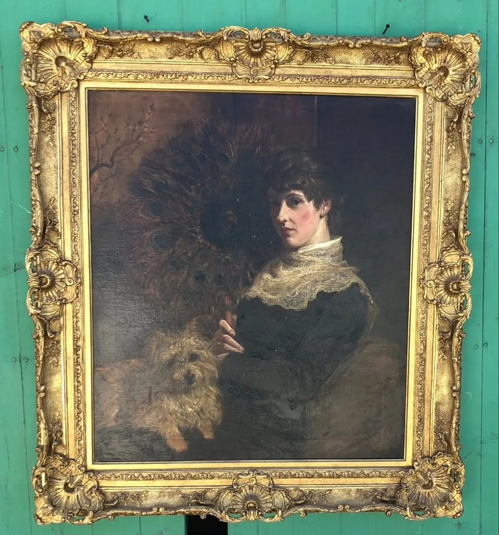 Ornate Gilt Framed Oil Painting Of A Lady And Her Dog On Canvas 1