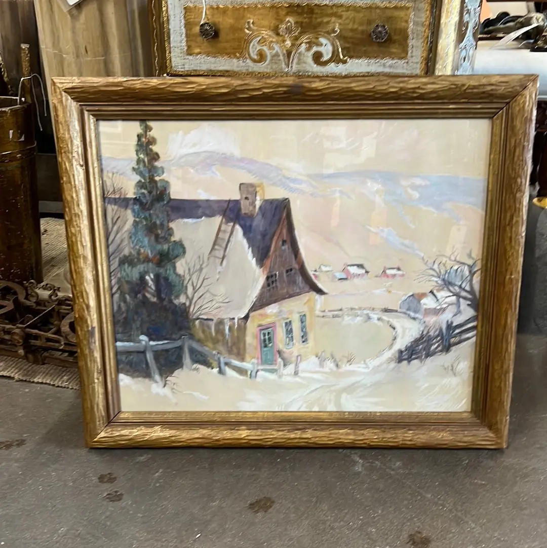 Guache Watercolor Winter Scene In Gold Frame 1