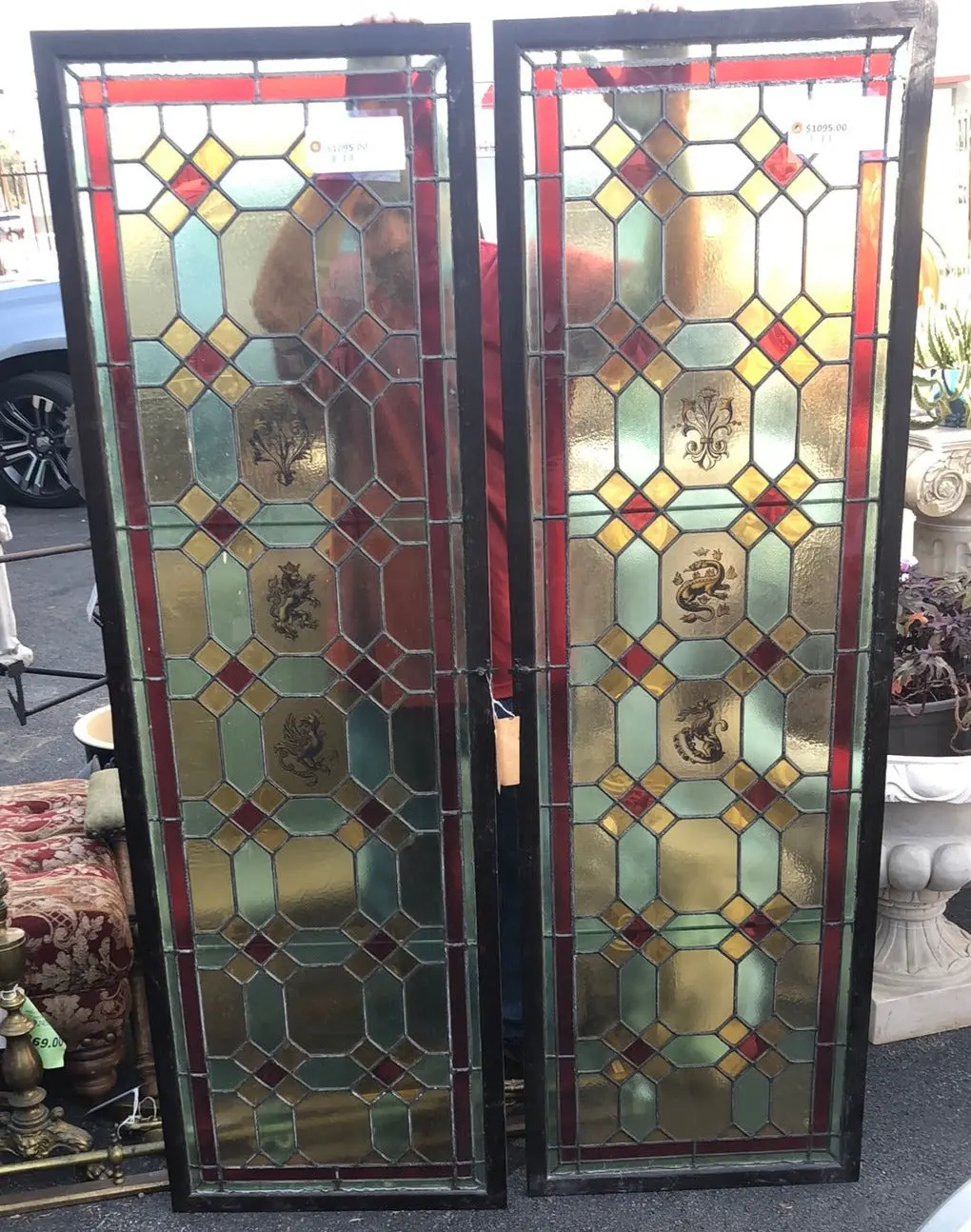 Pair Of Tall Narrow Stained Glass Windows Hand Painted With Lions, Dragons, Torches 1