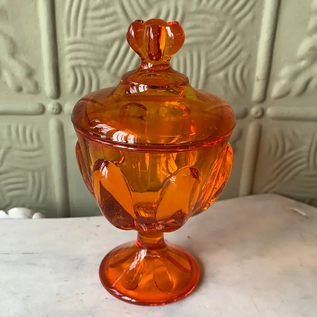 Small Orange Viking Glass Footed Dish With Lid 1