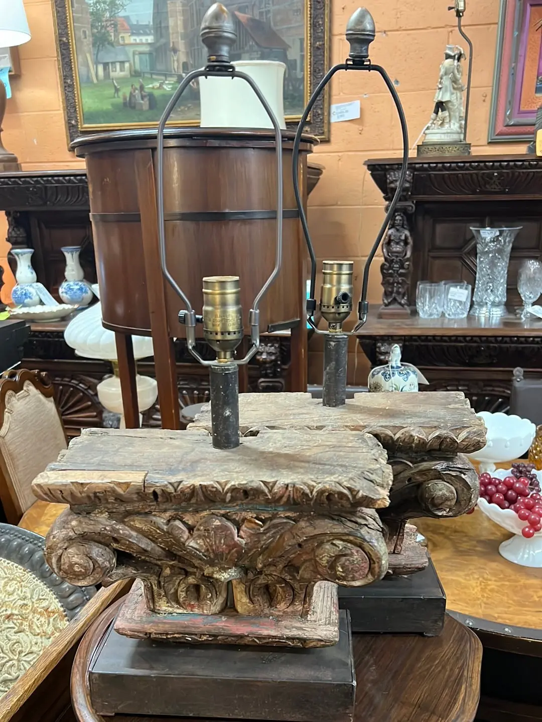 Pair Of Carved Antique Wood Capitals Lamps 1