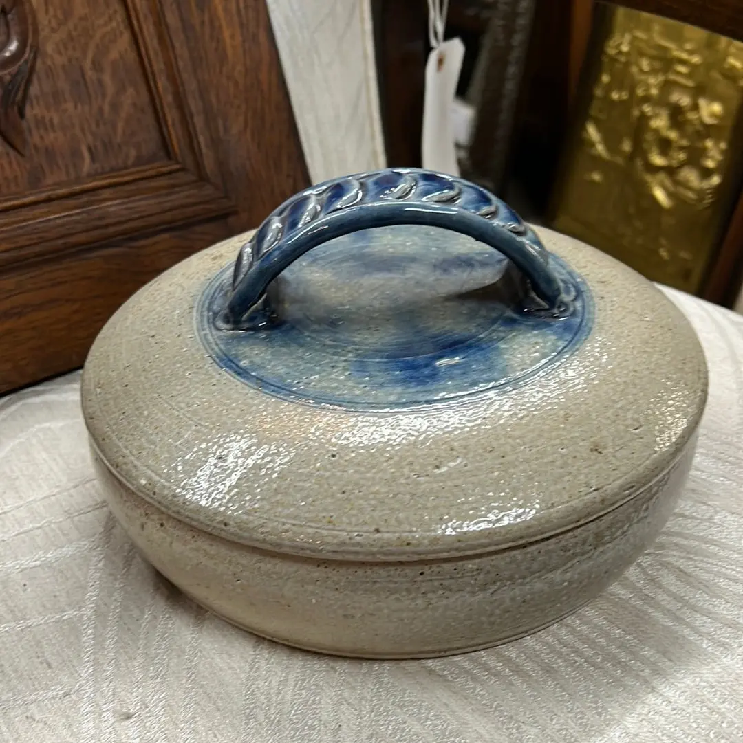 Large Salt Glaze Pottery Lidded Dish With Blue Handle 1