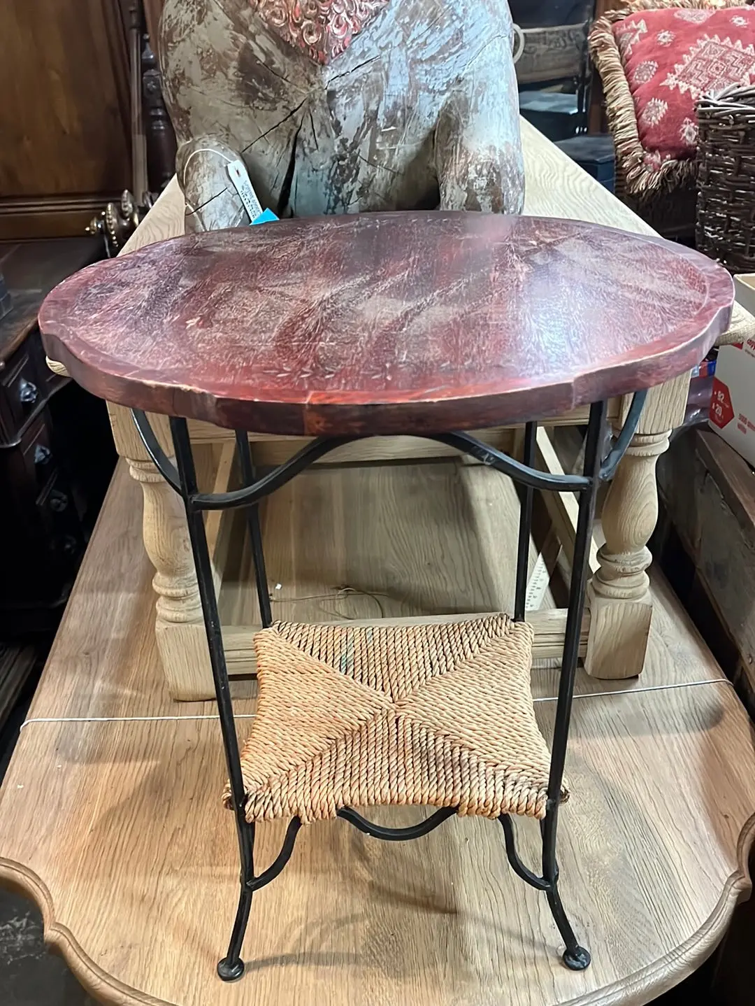 Metal Base Patio Table With Mahogany Top And Rush Stretcher Shelf 1