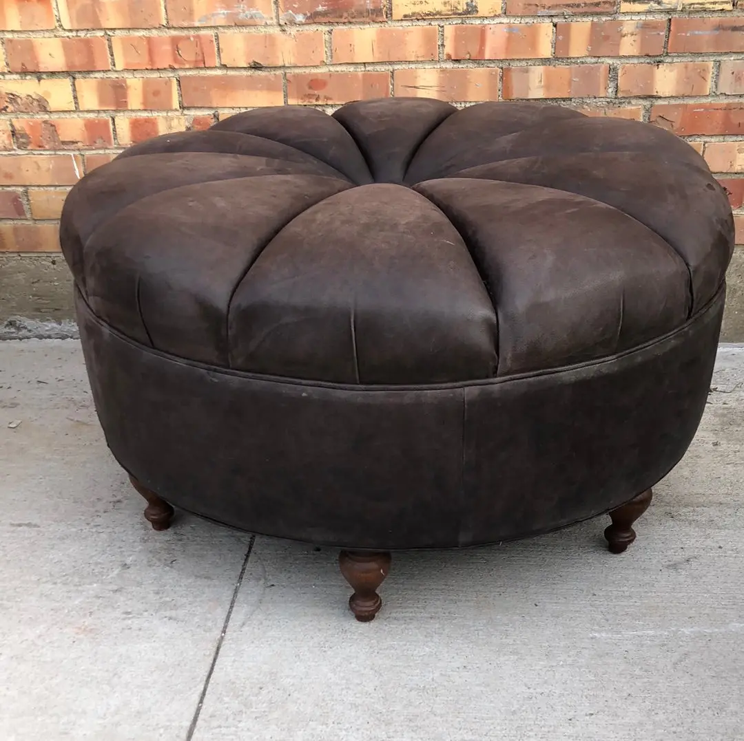 Round Brown Leather Ottoman 1