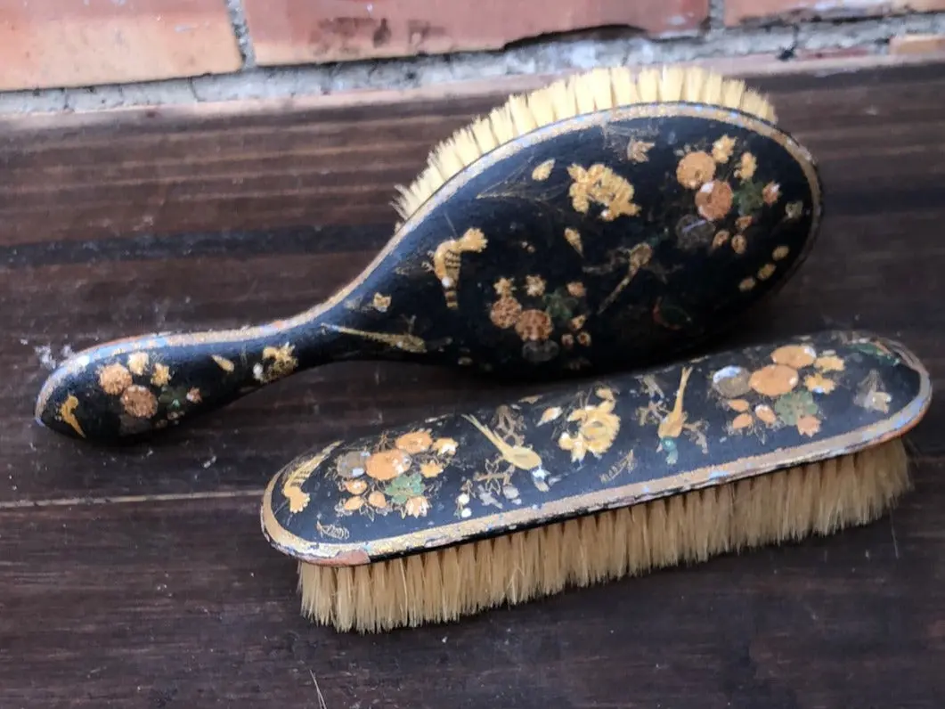 Paper Mache Black And Gold With Birds Brush Set 1