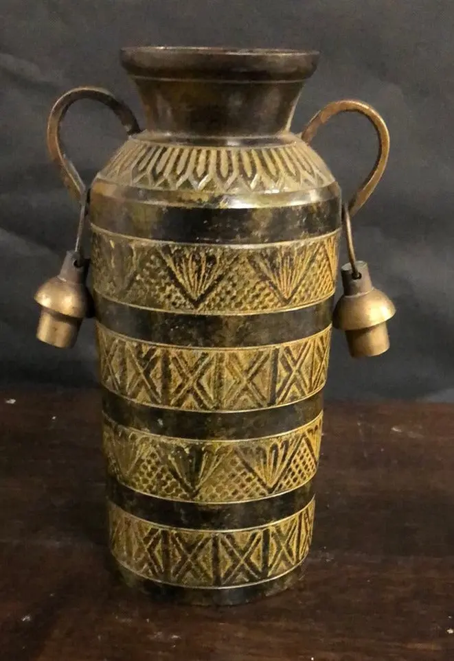 Small Incised Brass Vase With Tassels 1