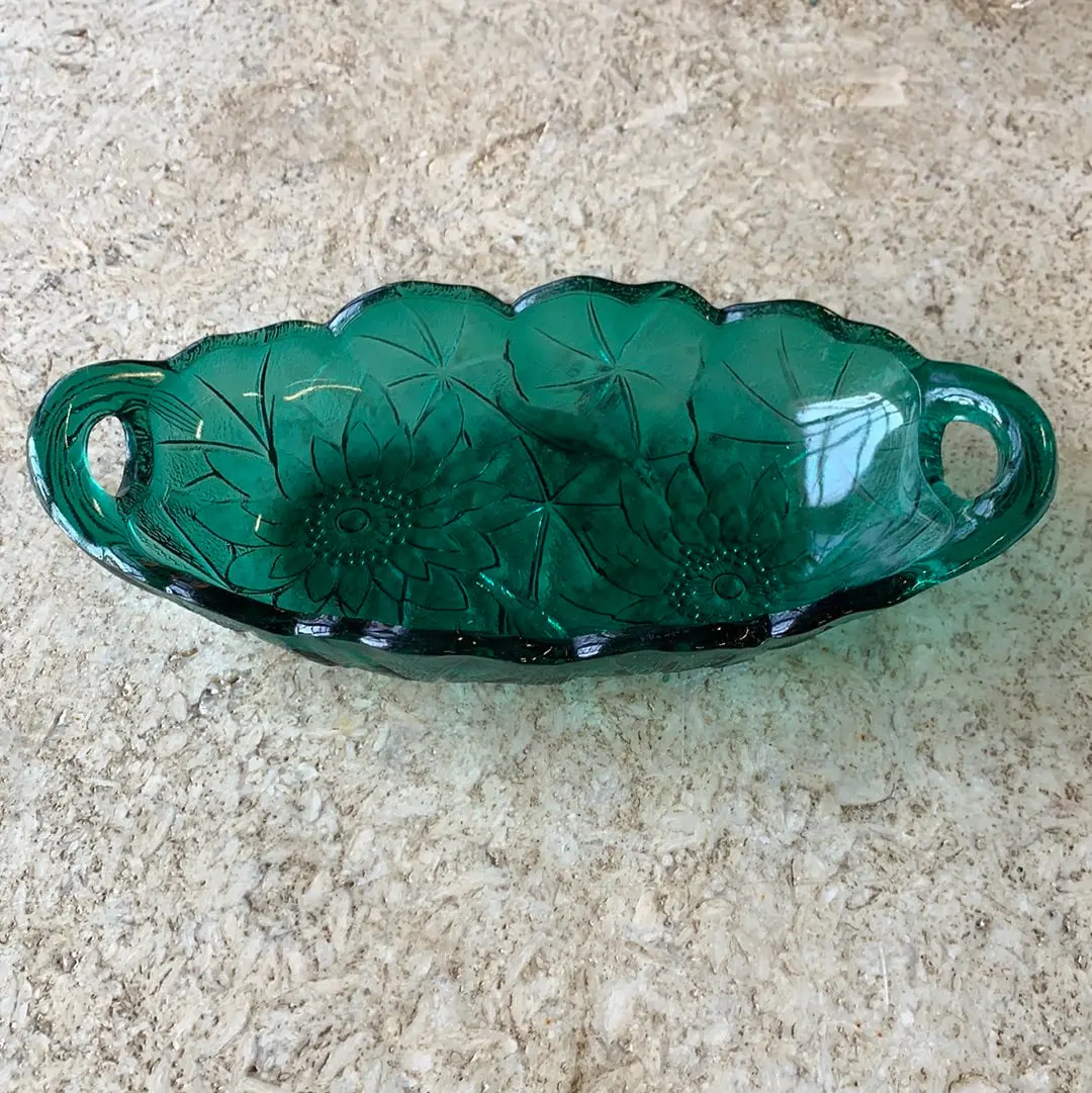 Forest Green Floral Glass Oval Dish With Handles 1
