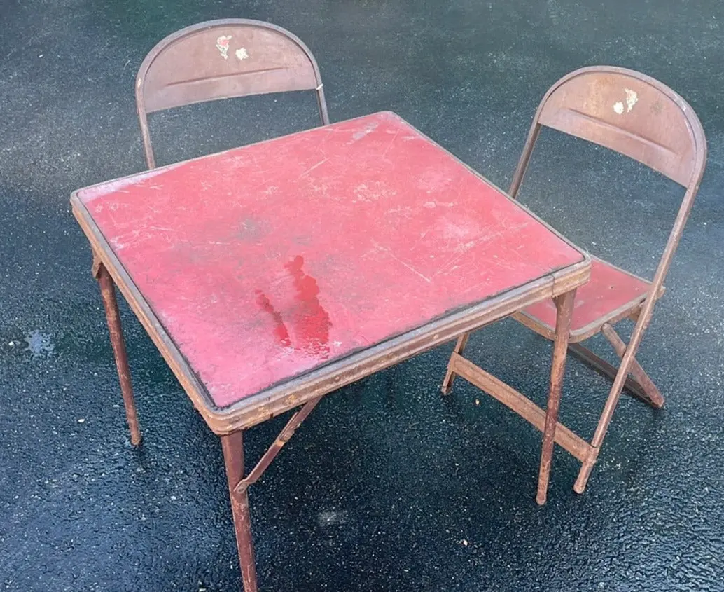 Folding Child's Table And Two As Found Chairs 1