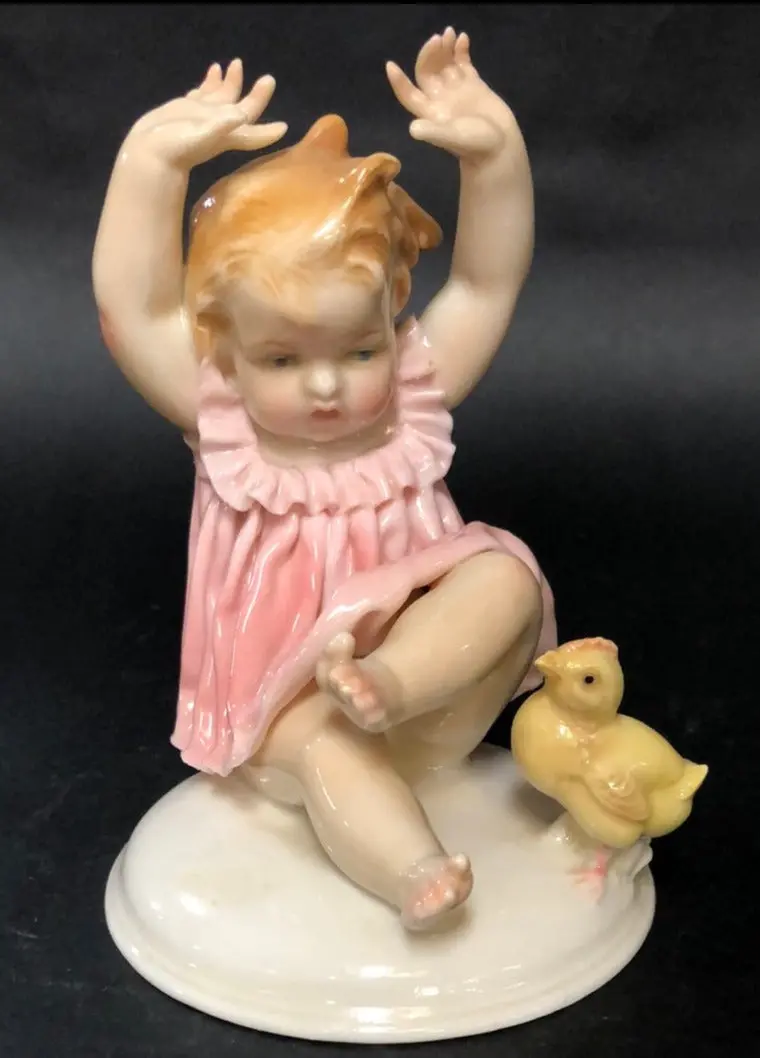 German Porcelain Baby Girl With Chick 1