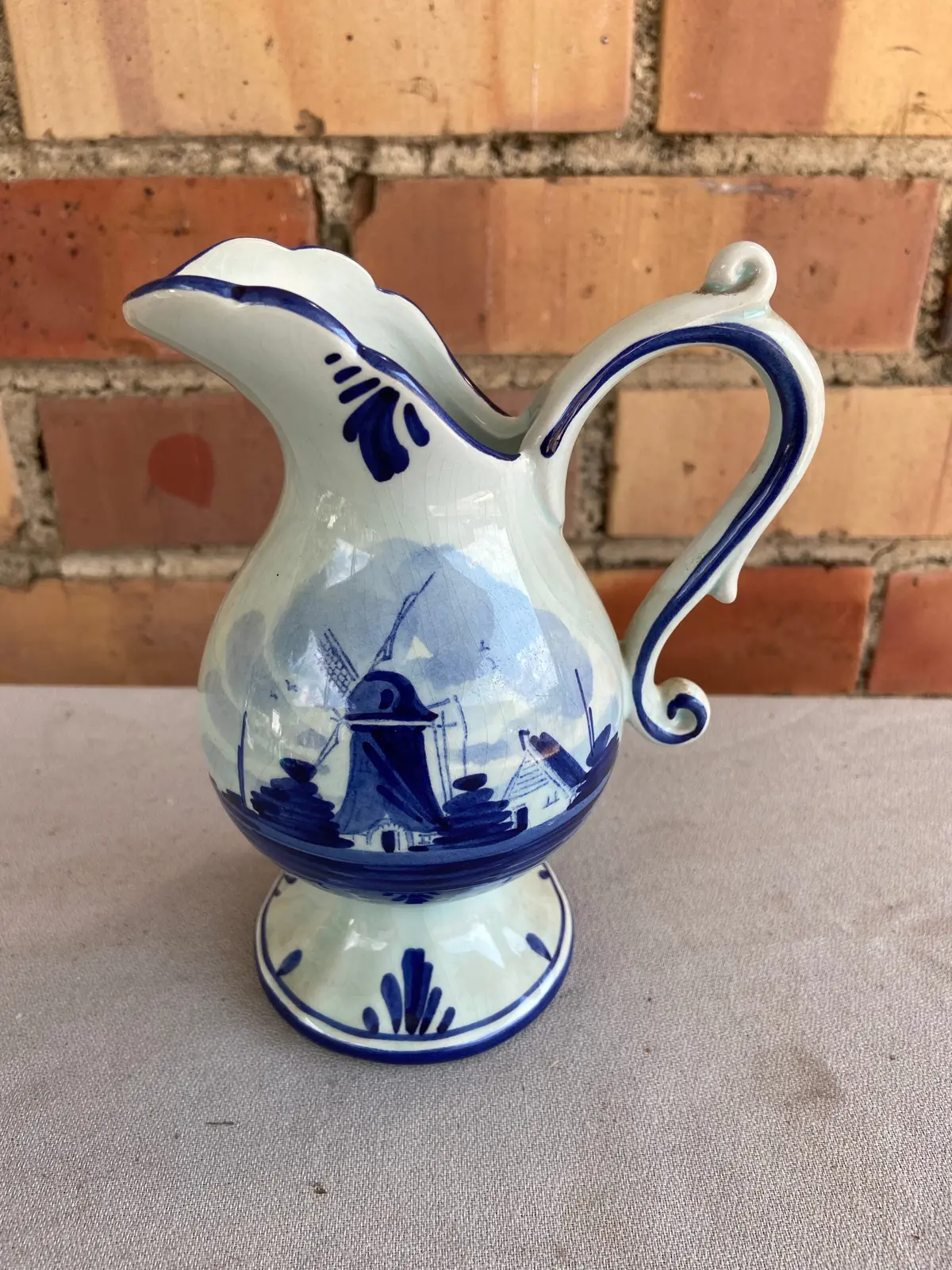 Large Bulbous Delft Creamer With Windmill 1