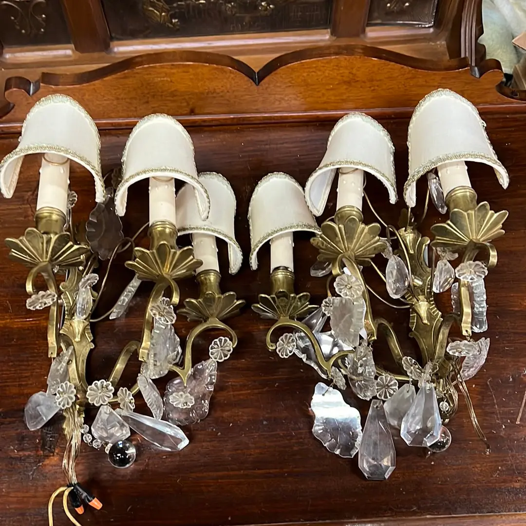 Pair Of 3 Light Brass Wall Sconces With Prisms And Shades 1