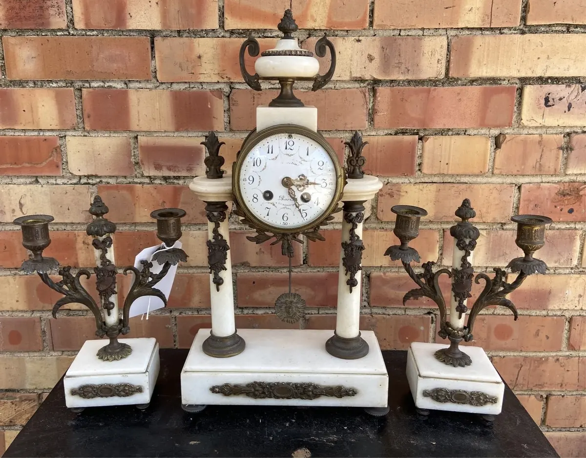 French G. Megnin Marble Portico Clock Set 1