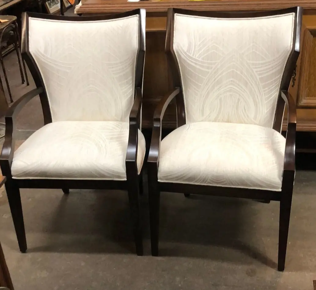 Pair Of Hickory White Upholstered Arm Chairs - As Found 1